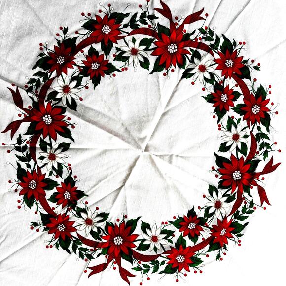 Vintage Christmas Holiday Tablecloth round white red poinsettias cotton poly 80s - Picture 7 of 9